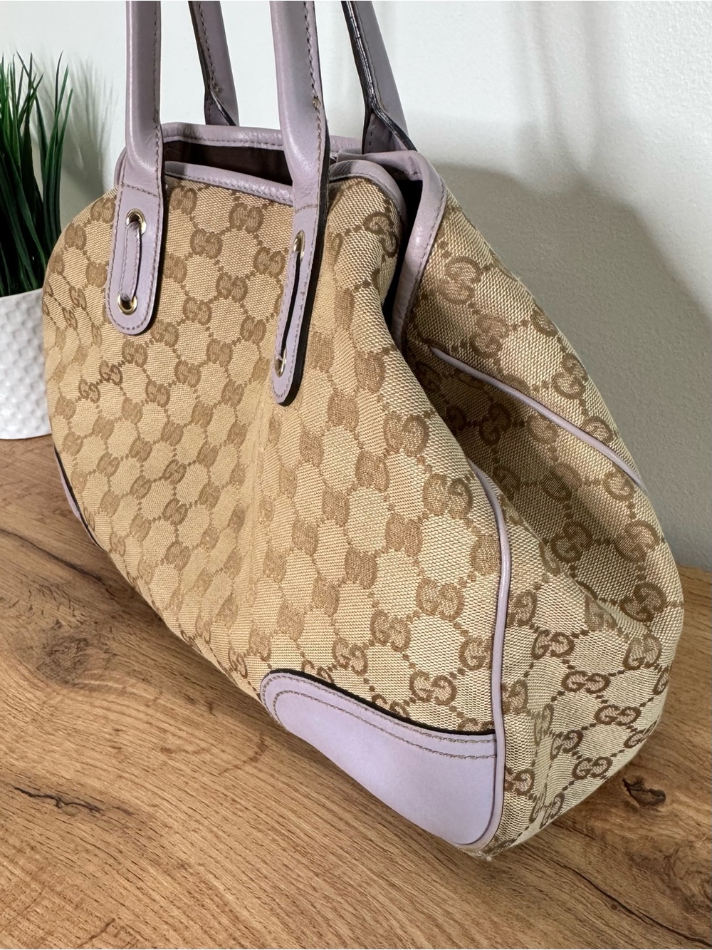 Authentic Gucci GG Monogram Canvas Princy Tote Beige Purple Leather Shoulder Bag - Picture 9 of 16